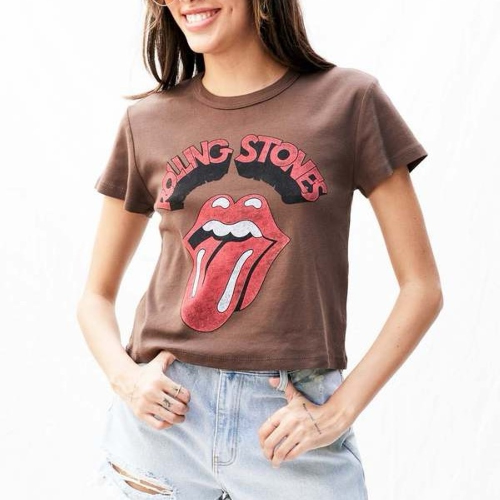 Daydreamer Rolling Stones Chocolate Brown Graphic Crop Tee Size Small